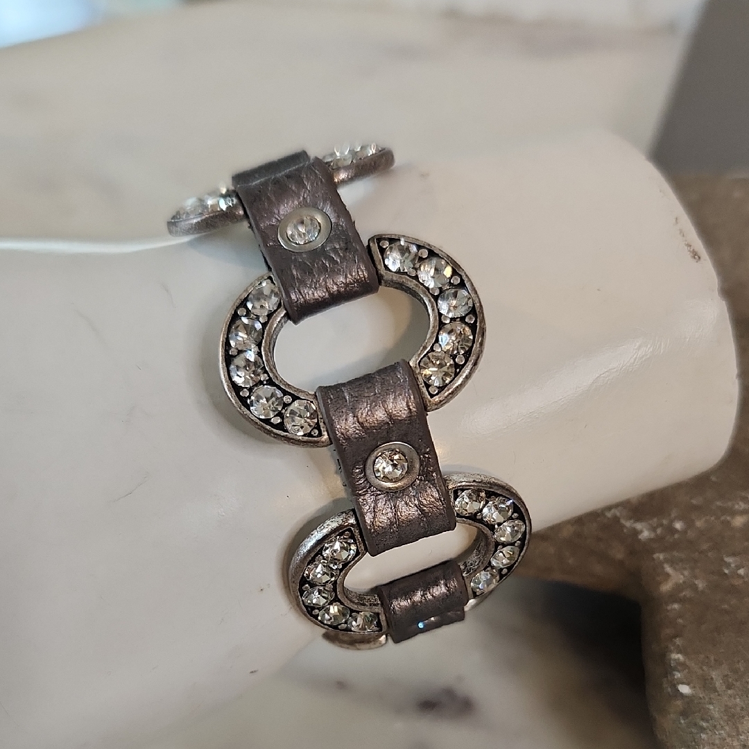 Slivertone Leather Snap Crystal Bracelet Grey